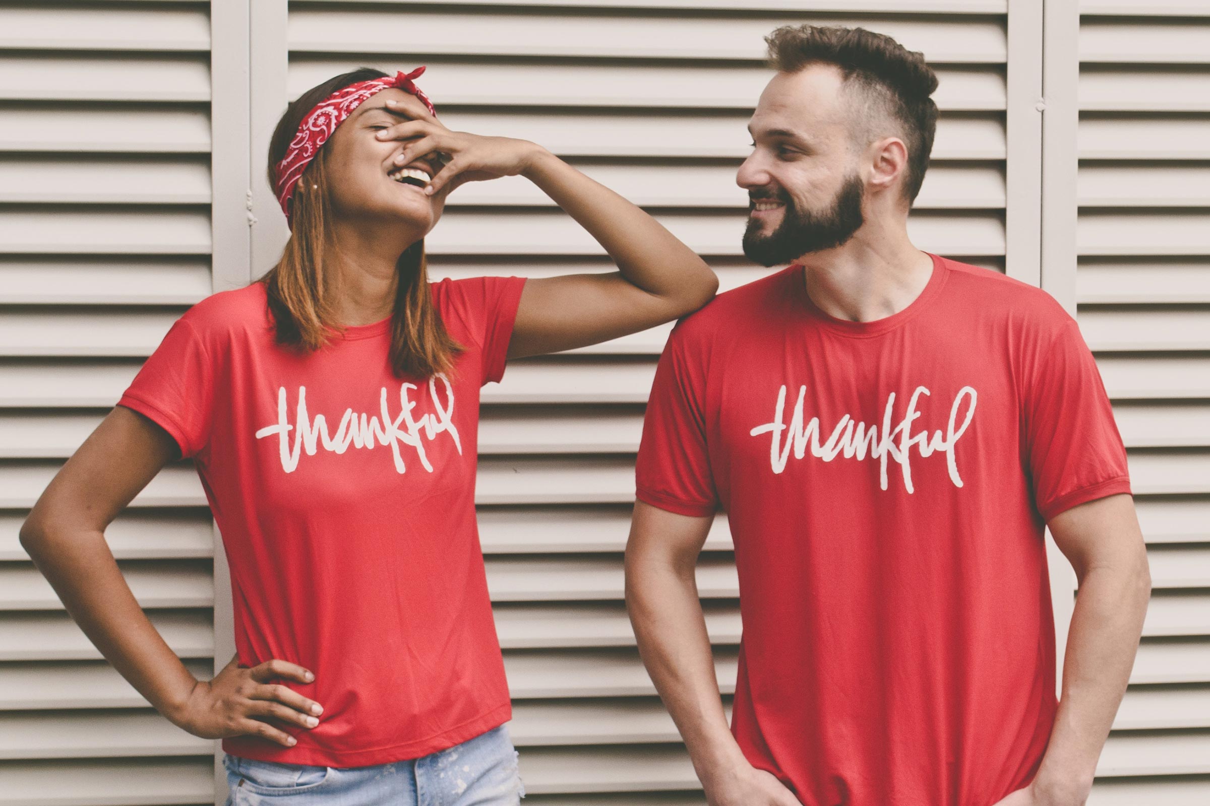 Couple in thankful T shirts