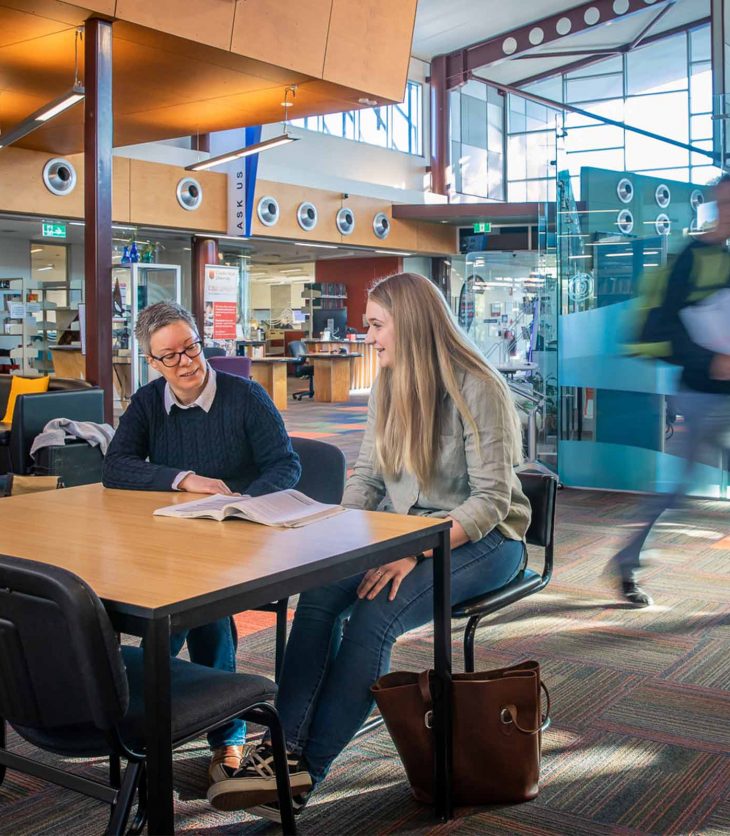 Two students sitting at a library table studying. These facilities can be used by Charles Sturt University online law students.