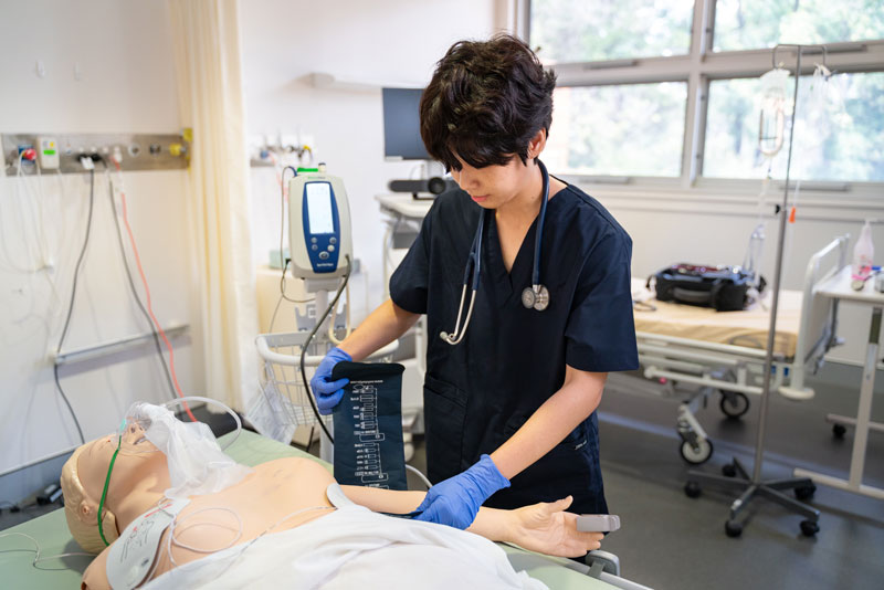 Hands-on medicine learning in the hospital simulation ward.