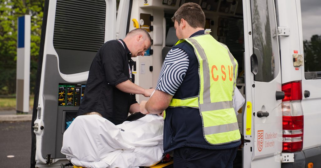 CSU Paramedicine student working out of a simbulance