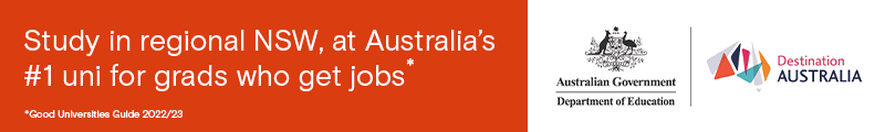 Study in regional NSW, at Australia's number 1 uni for grads who get jobs. Good universities guide 2022/23. Australian Government logo and Destinations Australia logo
