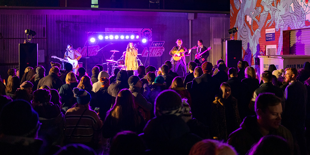 Crowds enjoying a live music at the 2019 Lost Lanes event in Wagga Wagga.