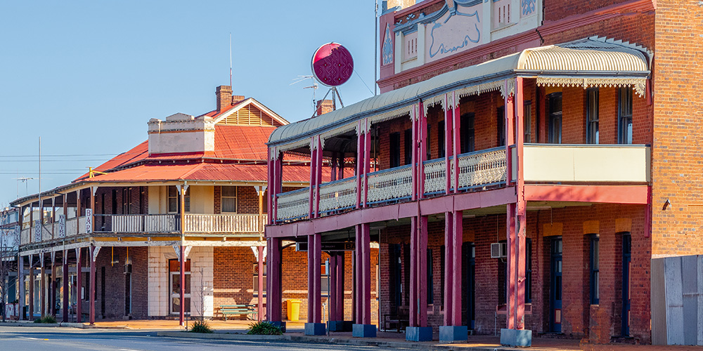 Old hotels form a historic streetscape in the Victorian town of Rutherglen