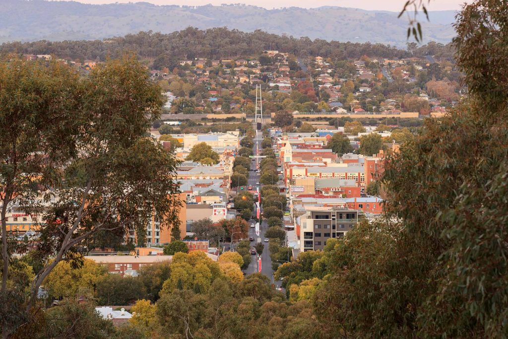 Eastbound view of Dean Street from Monument Hill in Albury