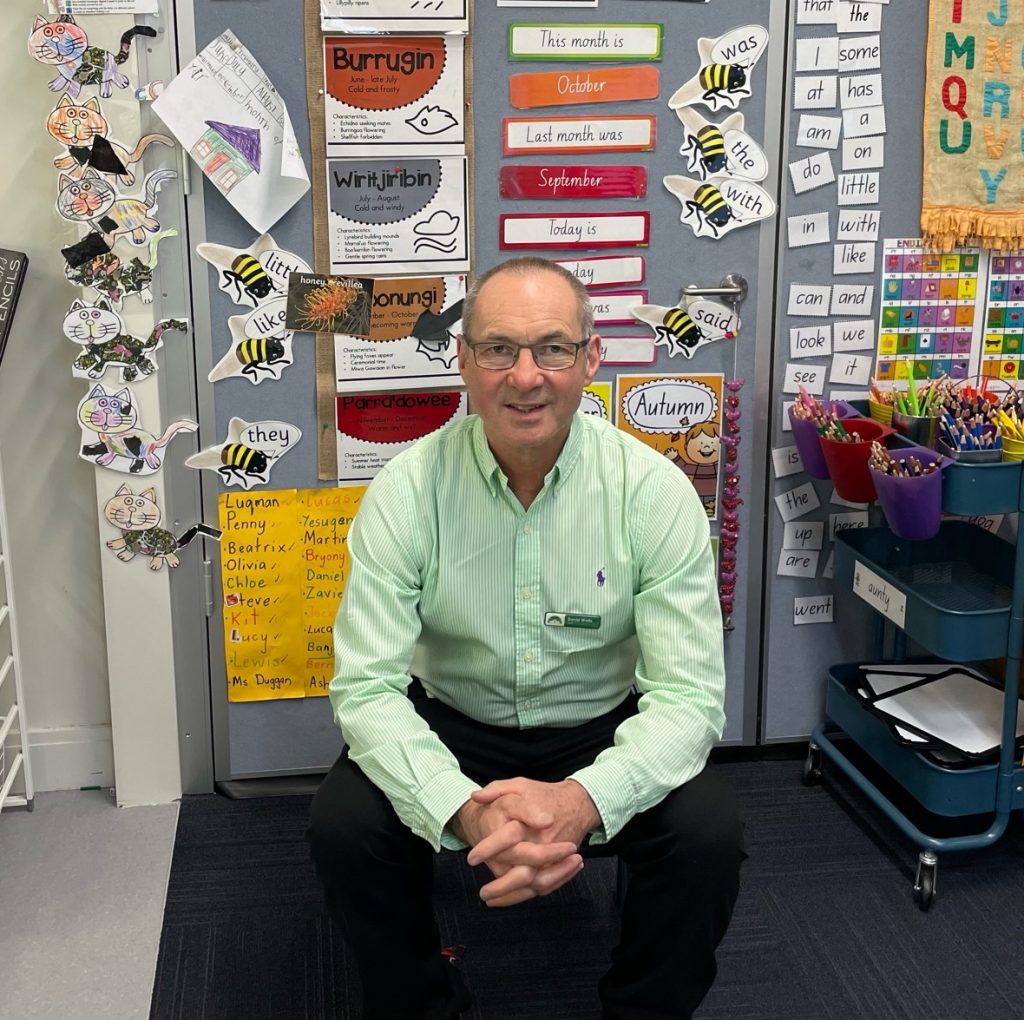 David Watts, who is studying to start a career as a teacher, in his classroom.