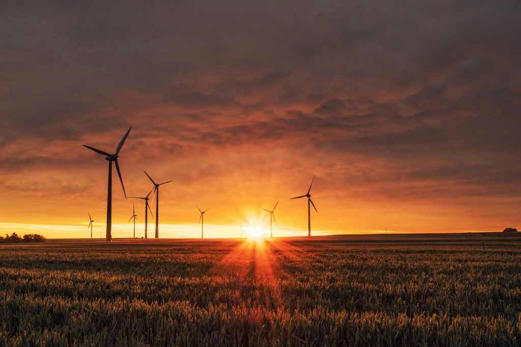 A wind farm at sunset