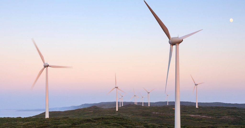 Wind turbines at the Albany Wind Farm, Western Australia, before dawn