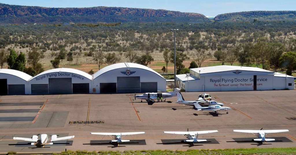 Aircrafts and hangars of Royal Flying Doctor Service on Alice Springs airport in Northern Territory