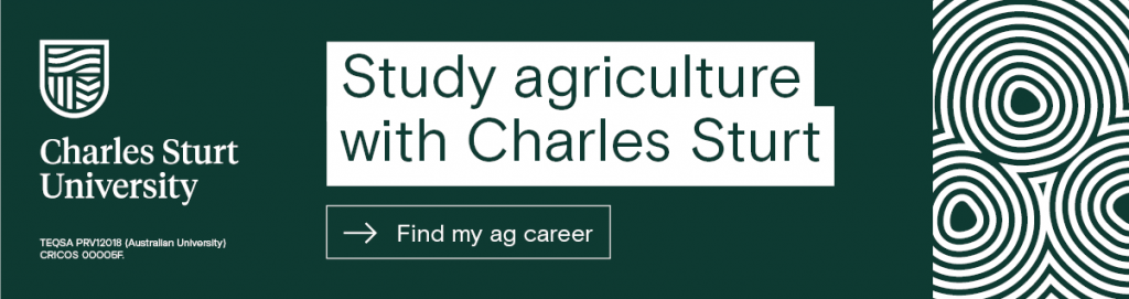 Green banner with white Charles Sturt logo on left side. Heading reads "Study agriculture with Charles Sturt", Call to action says "Find my ag career". Links to Charles Sturt study site.