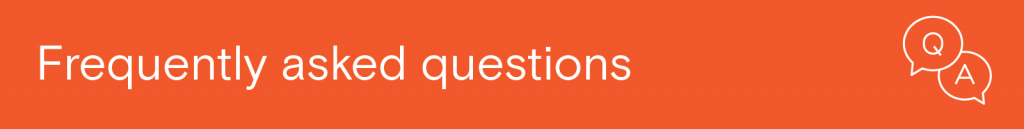 Orange banner with white text that reads "Frequently asked questions" on the left, and a white icon that has Q and A in speech bubbles on the right.