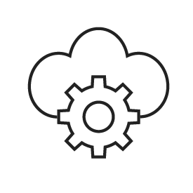 A black stroke icon with a cog wheel inside a cloud