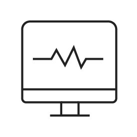 A black stroke icon of a computer with a heart line on the screen