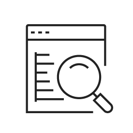 A blacke stroke icon with a computer window open and a magnifying glass overing over it