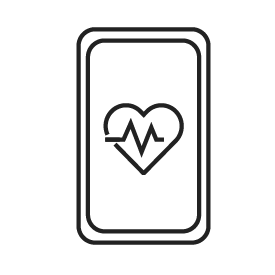 A black stroke icon of a phone with a heart line symbol on the screen