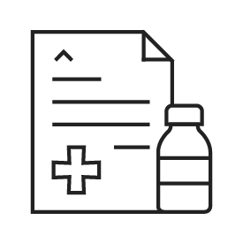 A black stroke icon of a perscription with a bottle of medication next to it