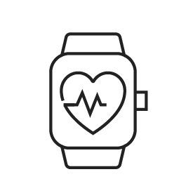 A black stroke icon of a smart watch with a heart line on the screen
