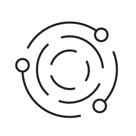 A black stroke icon of an atom