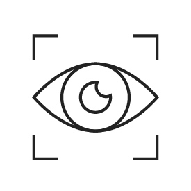 A black stroke icon of an eye being scanned by technology