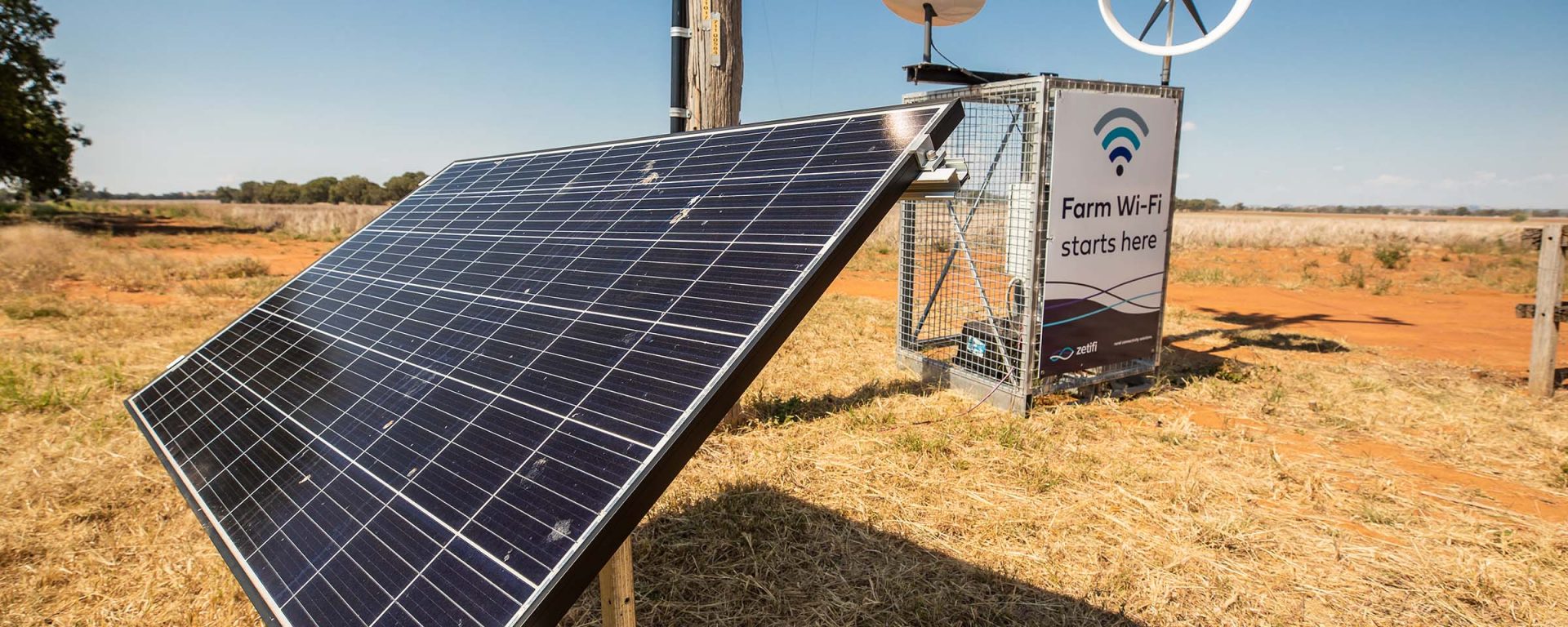 Photo of a solar panel and a wifi station on Charles Sturt's global digital farm, Wagga Wagga