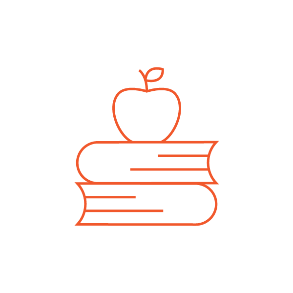 Orange icon with a stack of books and an apple on top