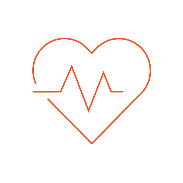 Orange icon of a heart with a beat line