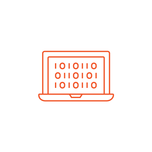 Orange icon of a laptop showing binary code